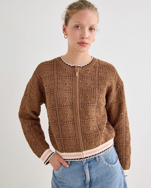 Oliver Bonas Brown Mocha Crochet Zip Up Bomber Jacket, Size 10
