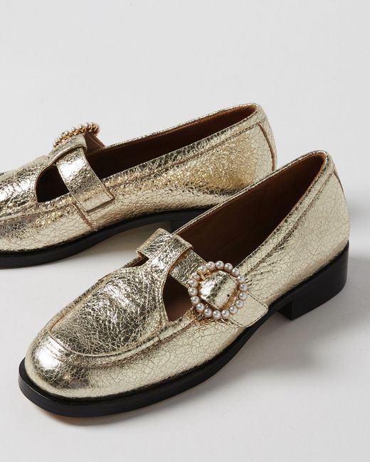 Oliver Bonas Black Crackled Metallic Leather Mary Jane Loafers, Size Uk 3