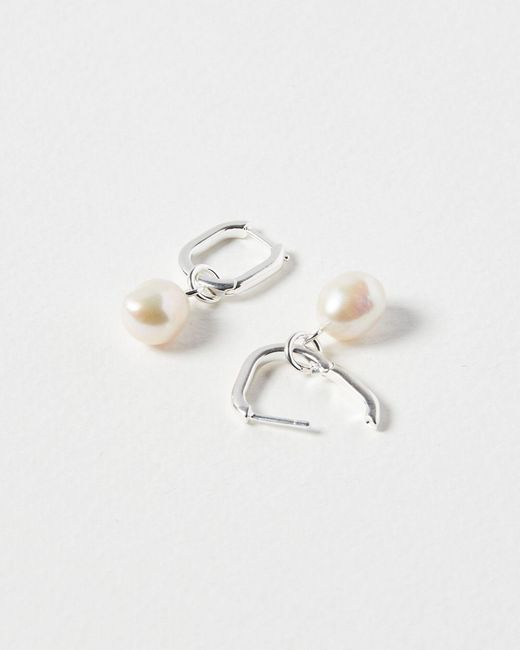 Oliver Bonas White Hama Pearl Silver Huggie Drop Earrings