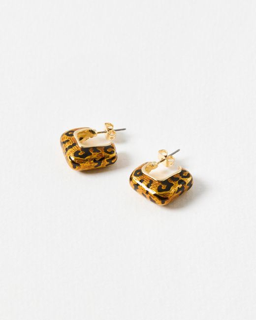 Oliver Bonas White Lana Leopard Print Square Hoop Earrings