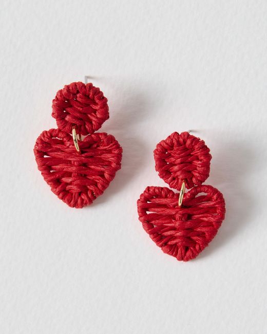 Oliver Bonas Red Dulce Heart Drop Woven Stud Earrings