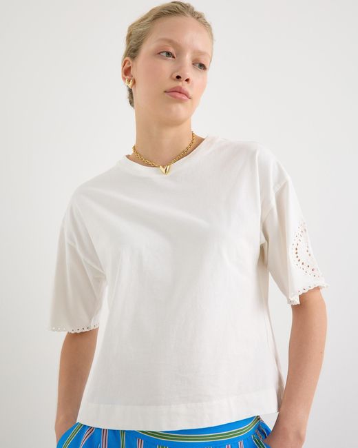 Oliver Bonas White Broderie Sleeve Cotton T-shirt, Size 16
