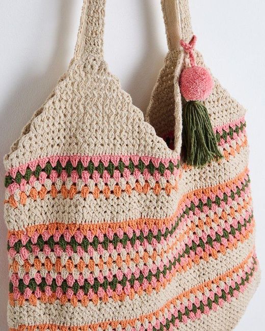 Oliver Bonas Pink Mara Coral Stripe Crochet Tote Bag
