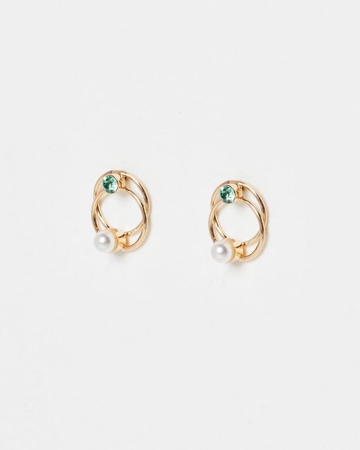 Oliver Bonas Green Faye Loop & Faux Pearl Stud Earrings