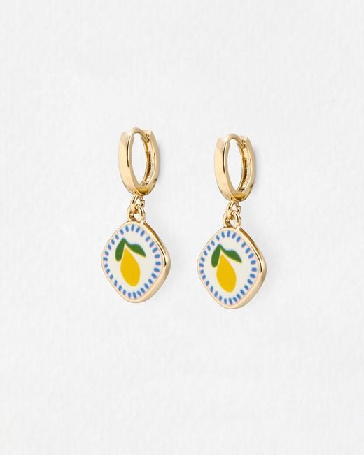Oliver Bonas White Emory Lemon Detail Charm Drop Huggie Earrings