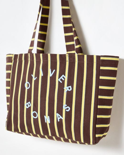 Oliver Bonas Multicolor Chocolate Brown & Yellow Striped Logo Fabric Tote Shopper Bag