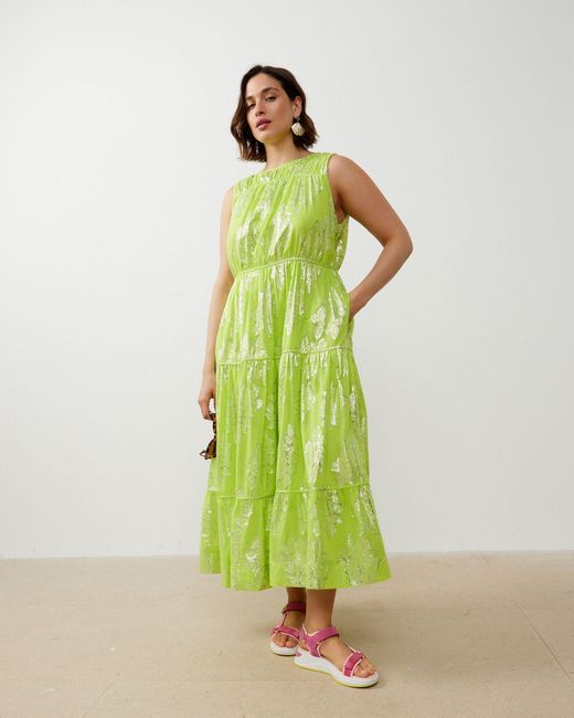 Oliver Bonas Green Metallic Floral Midi Dress, Size 6
