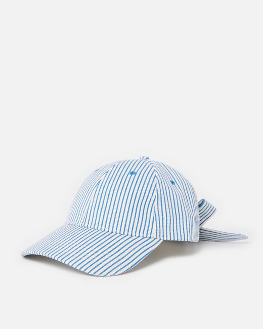 Oliver Bonas White & Blue Striped Bow Cap Hat With Strawberry Motif