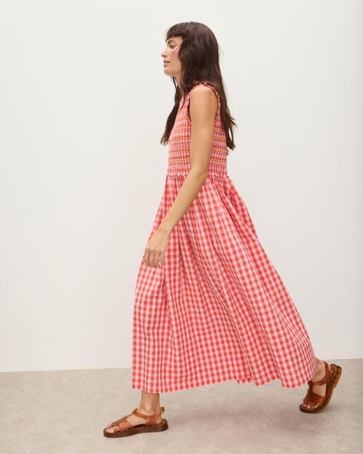 Oliver Bonas Pink Red & Gingham Shirred Bodice V-neck Midi Dress, Size 8