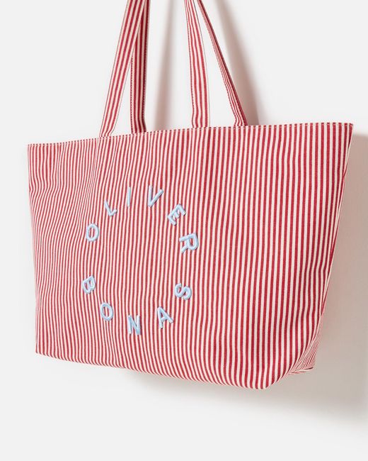 Oliver Bonas Pink & White Striped Logo Fabric Tote Shopper Bag
