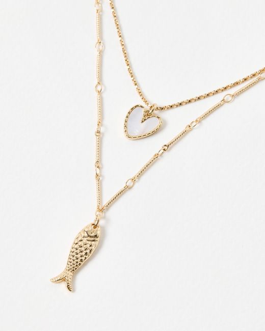 Oliver Bonas White Ansel Heart & Fish Pendant Layered Chain Necklace
