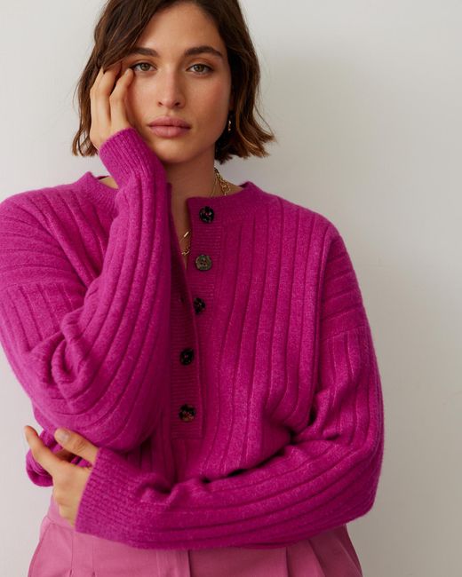 Oliver Bonas Purple Button Down Magenta Ribbed Knitted Jumper, Size 8