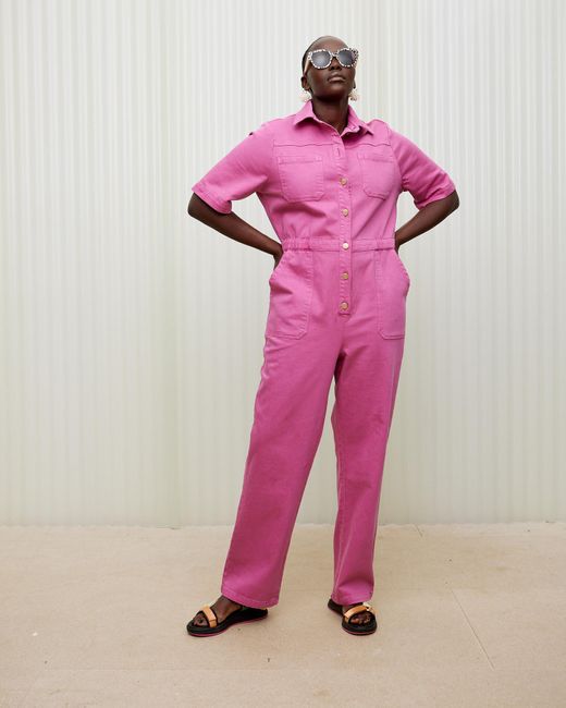 Oliver Bonas Pink Rose Denim Short Sleeve Jumpsuit, Size 6