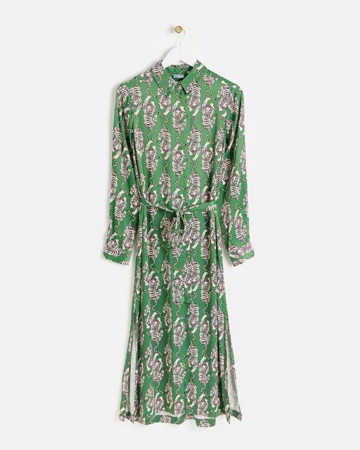 Oliver Bonas Green Tiger Print Satin Midi Shirt Dress, Size 6