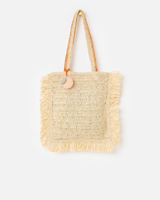 Oliver Bonas Natural Cream Fringe Tote Bag With Orange Charm