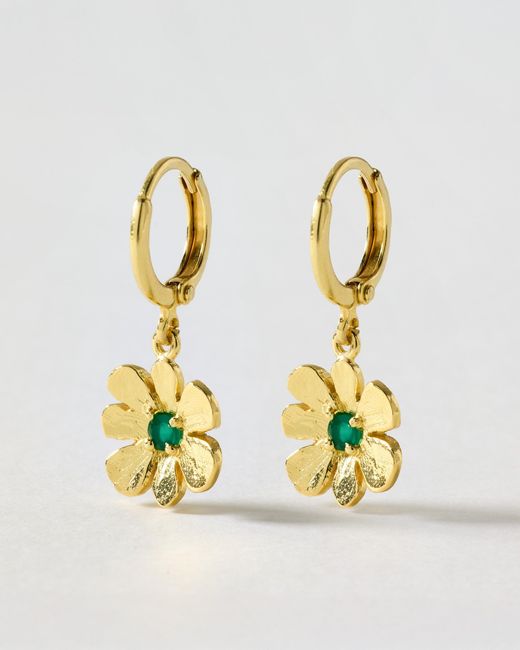 Oliver Bonas Metallic Zaria Green Onyx Flower Charm Hoop Drop Earrings