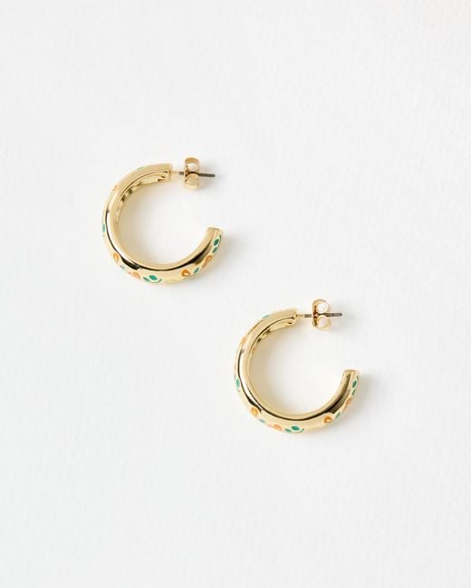 Oliver Bonas Metallic Laci & Orange Floral Enamel Inlay Hoop Earrings