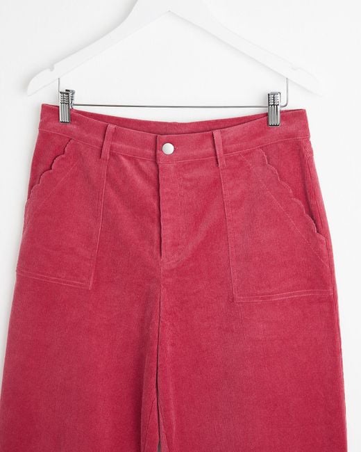 Oliver Bonas Red Wide Leg Scalloped Pocket Rose Corduroy Trousers, Size 18