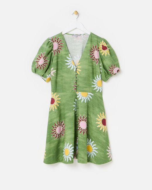 Oliver Bonas Green Sun Print Linen Blend V-neck Mini Dress, Size 16