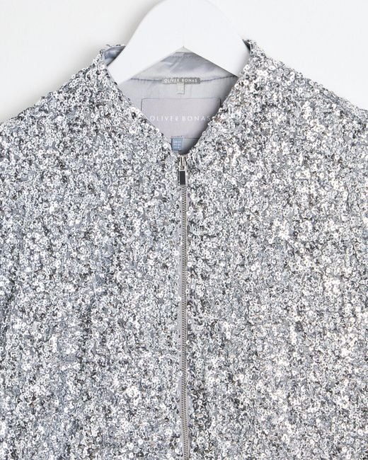 Oliver Bonas Gray Silver Sequin Bomber Jacket, Size 8