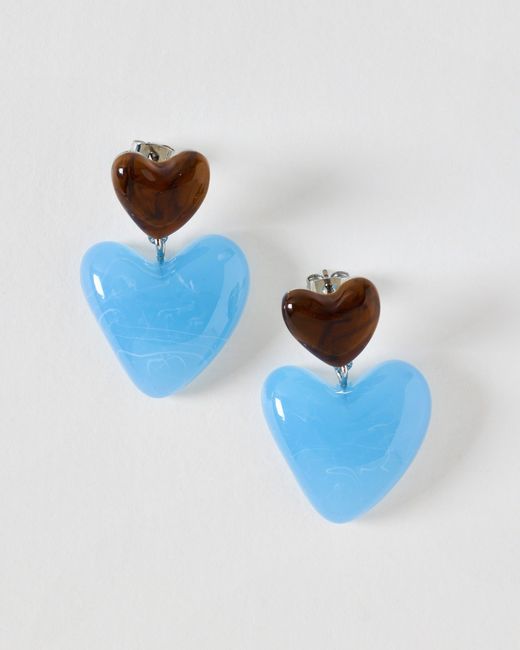 Oliver Bonas Blue Abi & Brown Resin Large Heart Drop Earrings