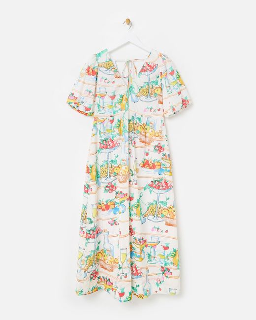 Oliver Bonas Natural Floral Embroidered Fruit Print Puff Sleeve Midi Dress, Size 6