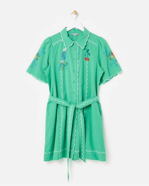 Oliver Bonas Green Parrot Cross Stitch Mini Shirt Dress, Size 6