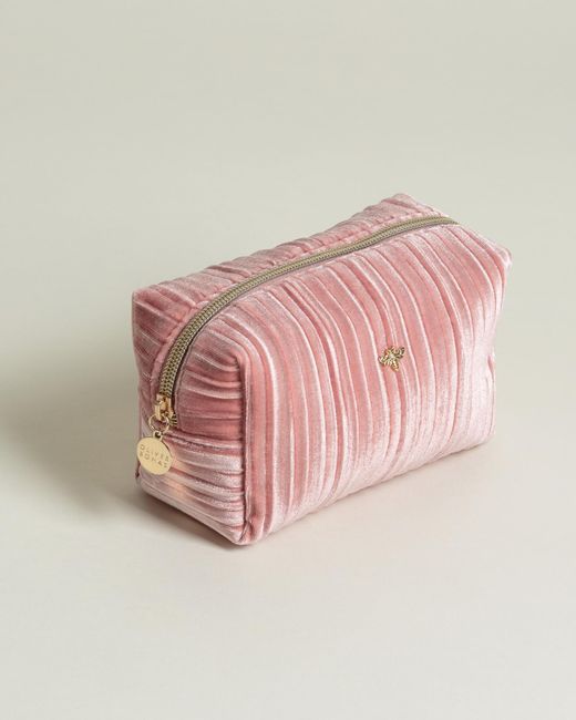 Oliver Bonas Bee Pleated Velvet Pink Makeup Bag Small
