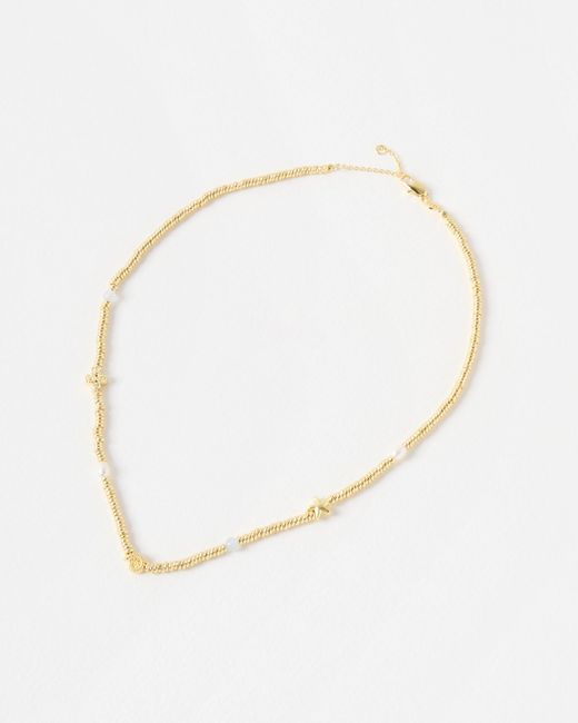 Oliver Bonas White Sora Shell, Pearl & Aquamarine Textured Beaded Necklace