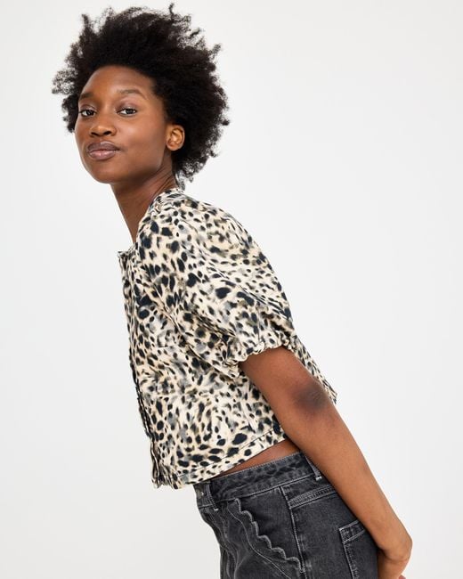 Oliver Bonas Cream & Black Animal Print Denim Puff Sleeve Top, Size 10