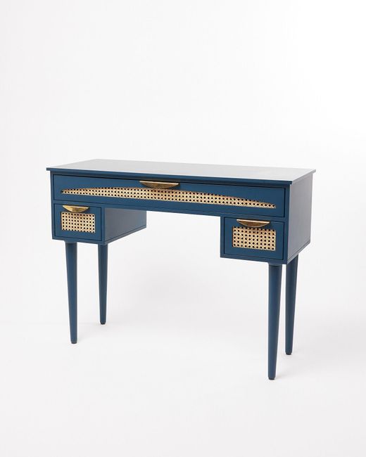 Oliver Bonas Bue Blue Mango Wood & Rattan Desk & Dressing Table