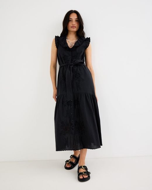 Oliver Bonas Black Floral Embroidered Frill Collar Tiered Midi Dress, Size 10