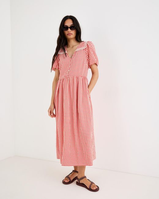 Oliver Bonas Pink & White Gingham Sailor Collar Midi Dress, Size 12
