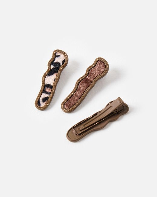 Oliver Bonas White Mira Velvet Animal Print & Stone Wavy Hair Clips Set Of Three