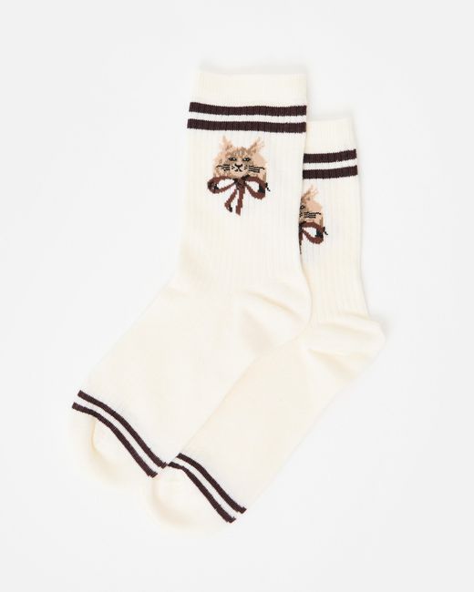 Oliver Bonas White Ecru Cream Cat Ribbed Sporty Ankle Socks