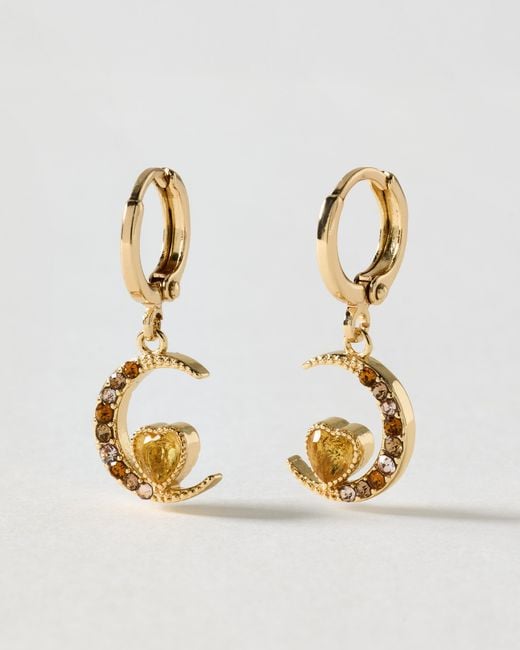 Oliver Bonas Metallic Avaluna Stone Moon & Heart Charm Drop Earrings
