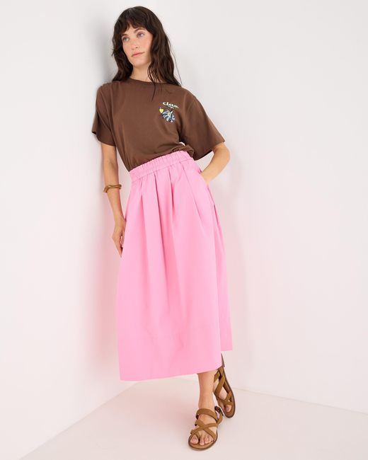Oliver Bonas Pink Poplin Elasticated Waist Midi Skirt, Size 10