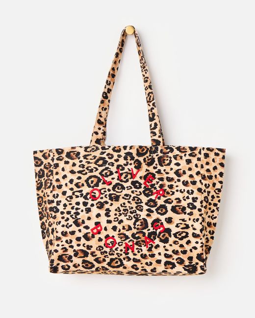 Oliver Bonas Natural Leopard Print Logo Fabric Tote Shopper Bag