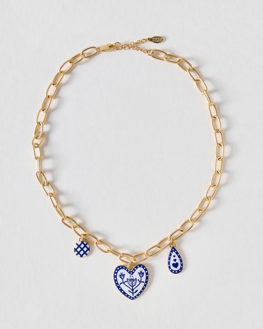 Oliver Bonas Blue Shirley Patterned Heart Charm Necklace