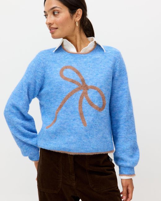 Oliver Bonas Blue & Brown Bow Crew Neck Knitted Jumper, Size 6