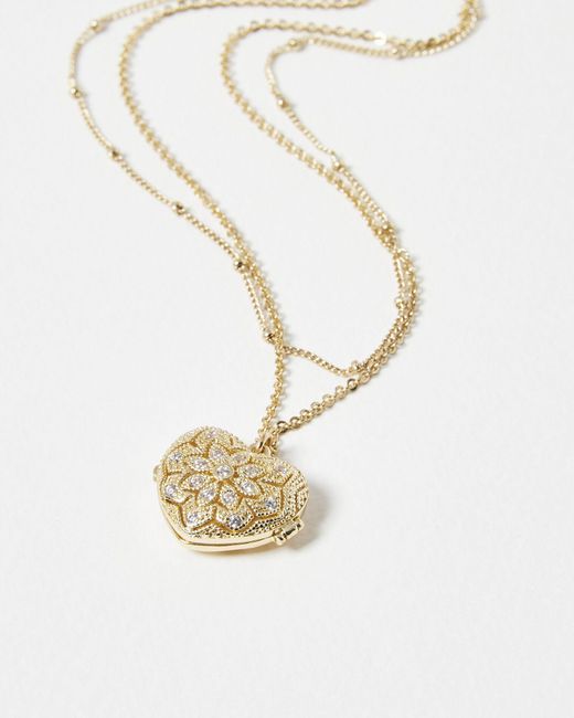 Oliver Bonas White Melanie Heart Locket Gold Layered Pendant Necklace