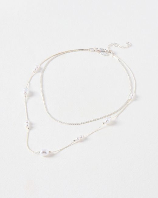 Oliver Bonas White Mara Faux Pearl Silver Layered Necklace