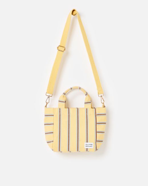 Oliver Bonas Metallic & Blue Striped Logo Fabric Mini Tote Crossbody Bag