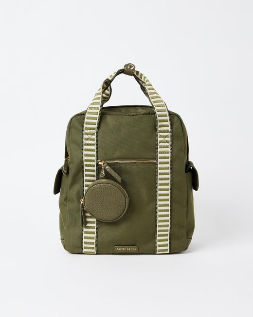 Oliver Bonas Blue Khaki Geometric Strap Multi Pocket Backpack