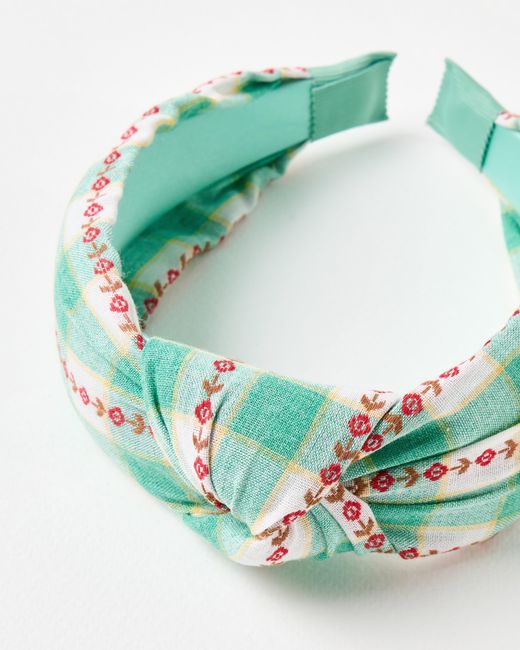 Oliver Bonas Green Inez Check Flower Detail Knot Headband