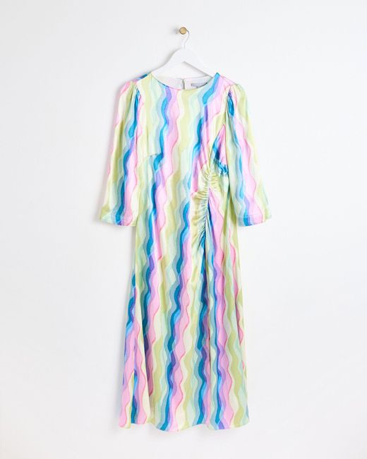 Oliver Bonas Blue Rainbow Swirl Print Ruched Midi Dress, Size 6