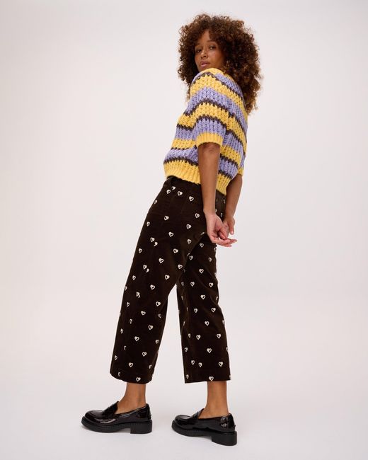 Oliver Bonas Natural Chocolate Corduroy Heart Embroidered Cropped Wide Leg Trousers, Size 12