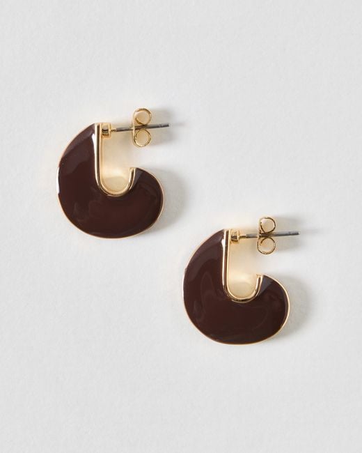 Oliver Bonas Brown Pauline Enamel Mini Disc Hoop Earrings