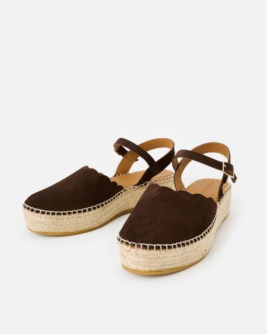 Oliver Bonas Brown Chocolate Suede Scalloped Edge Espadrille Sandals, Size 3
