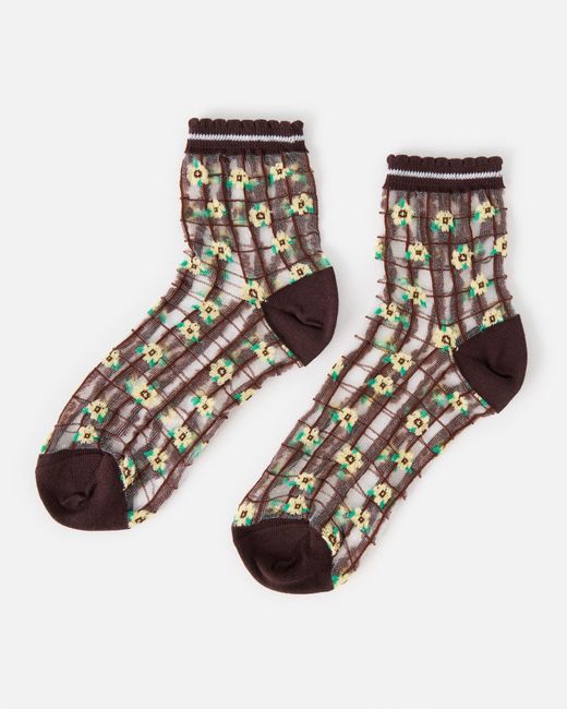 Oliver Bonas Brown & Yellow Floral Checked Sheer Ankle Socks